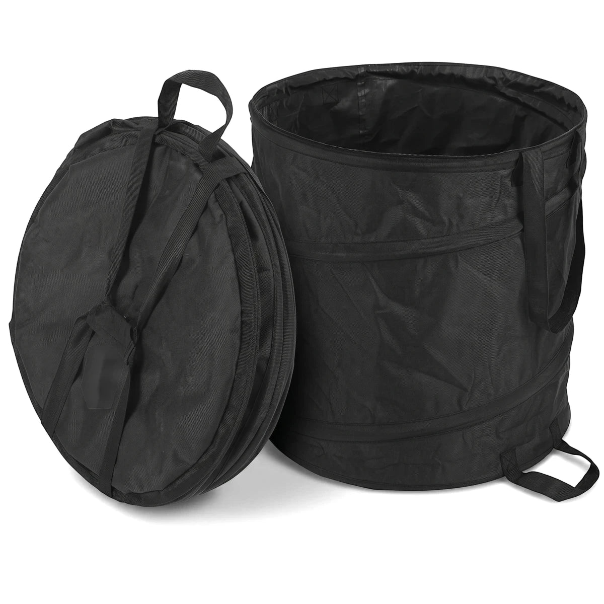 Black heavy-duty 85-liter garden waste bag, shown both opened upright and folded flat, with carrying handles.