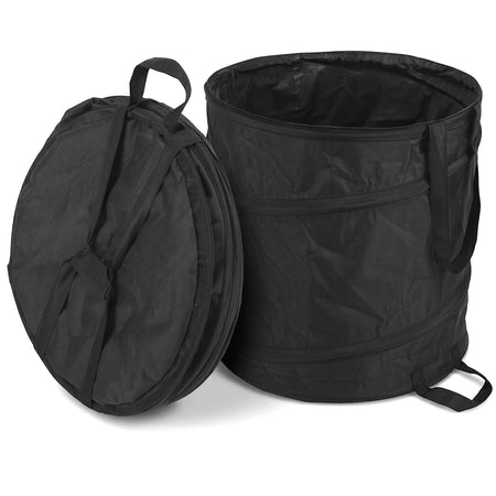 Black heavy-duty 85-liter garden waste bag, shown both opened upright and folded flat, with carrying handles.