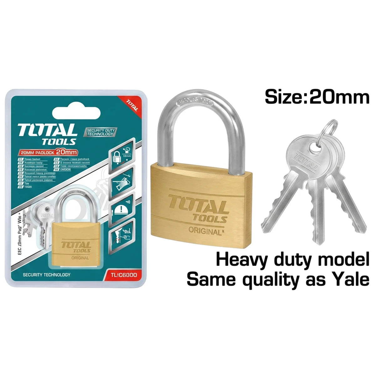 Heavy Duty Brass Padlock, 20mm, displayed with its retail packaging and three silver keys, featuring a gold-toned body.