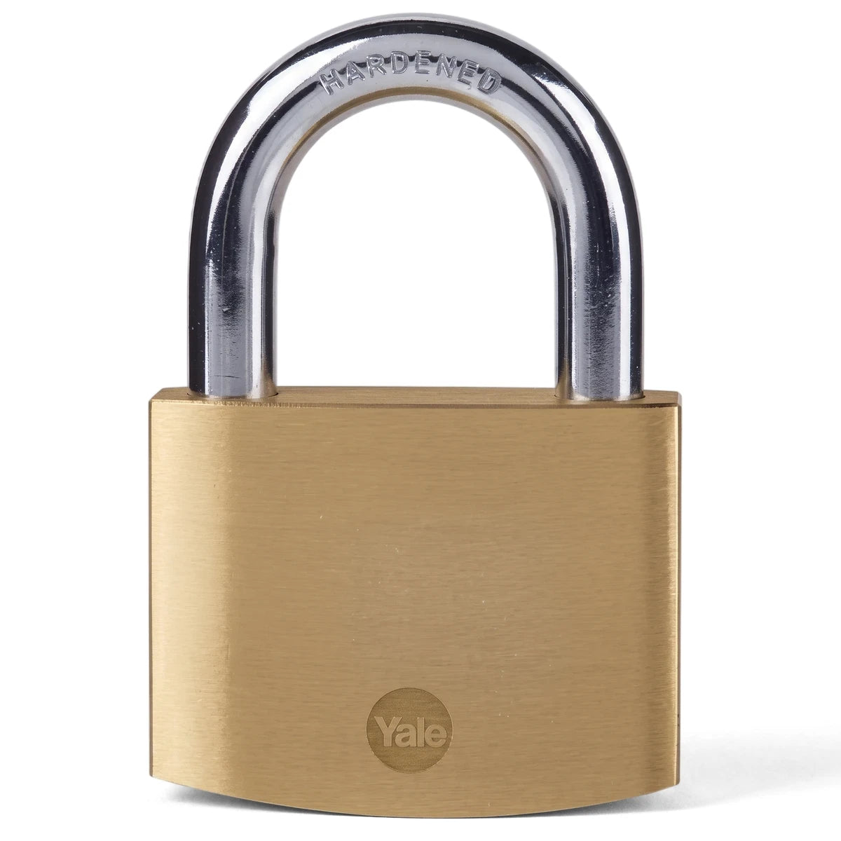 A 60mm heavy-duty brass padlock with a hardened chrome shackle and a visible Yale logo, shown upright.
