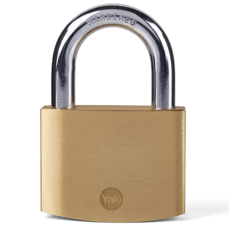 A 60mm heavy-duty brass padlock with a hardened chrome shackle and a visible Yale logo, shown upright.