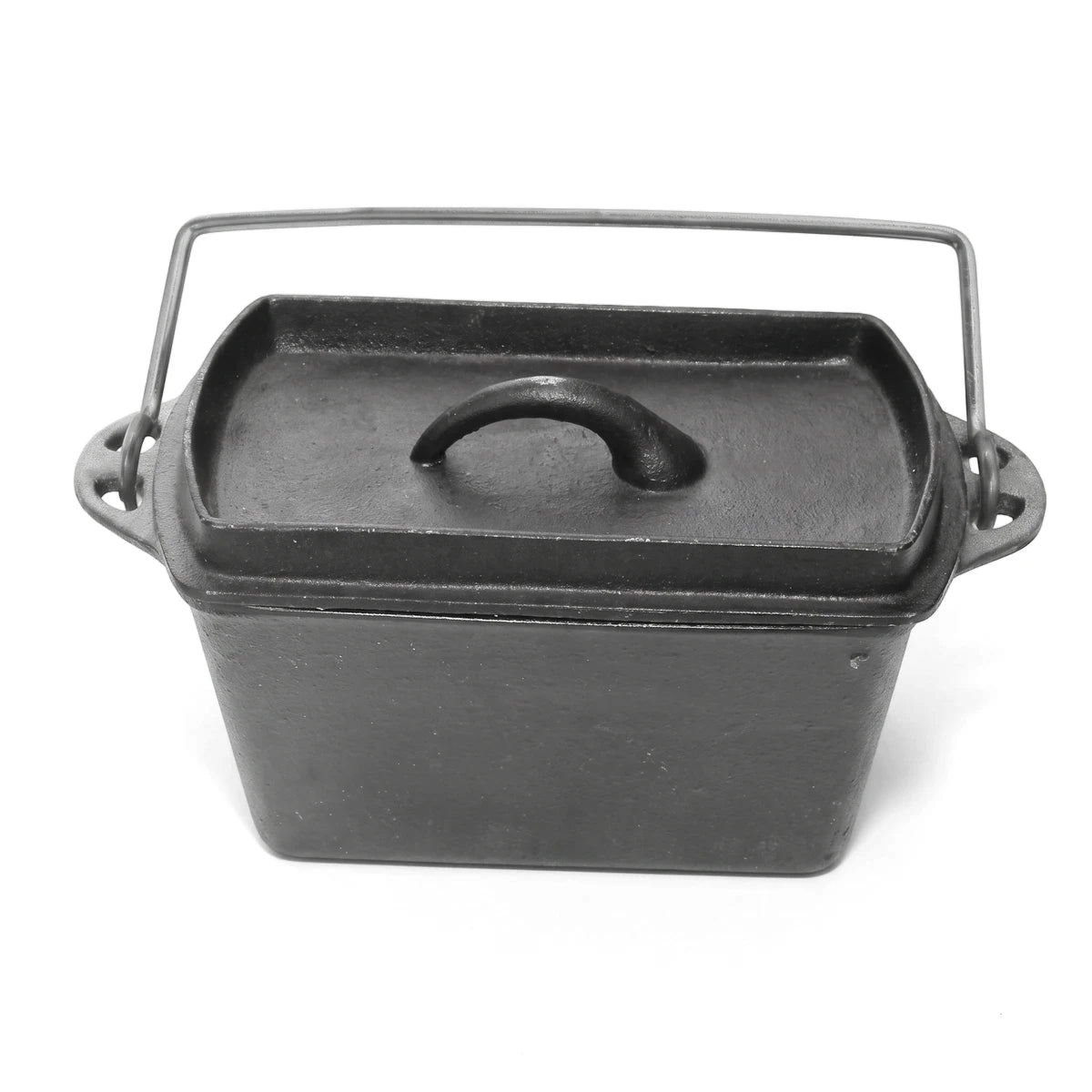 Dark grey heavy duty cast iron bread pot with a lid and wire handle, viewed from the front for baking.