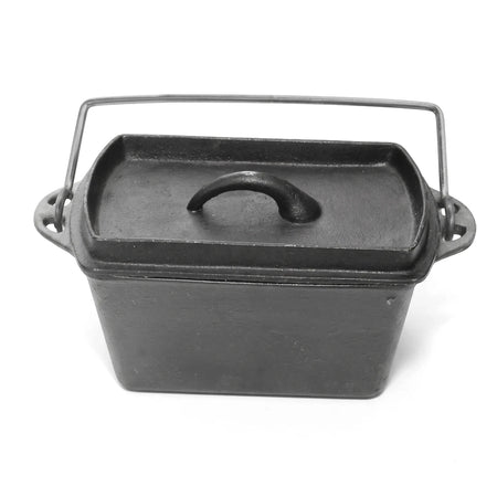 Dark grey heavy duty cast iron bread pot with a lid and wire handle, viewed from the front for baking.