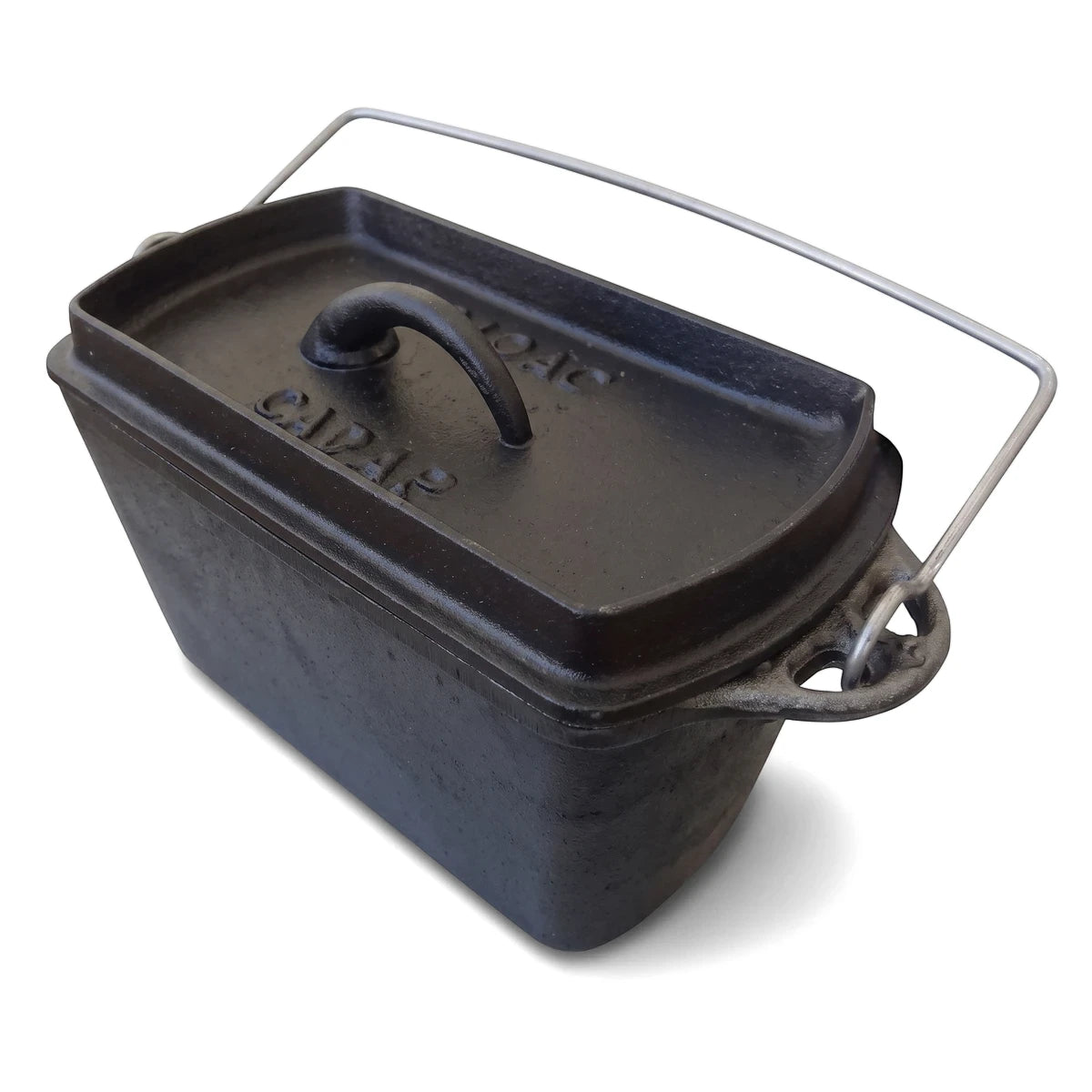 Black heavy duty cast iron bread pot with a lid and a metal bail handle, viewed from an angle.