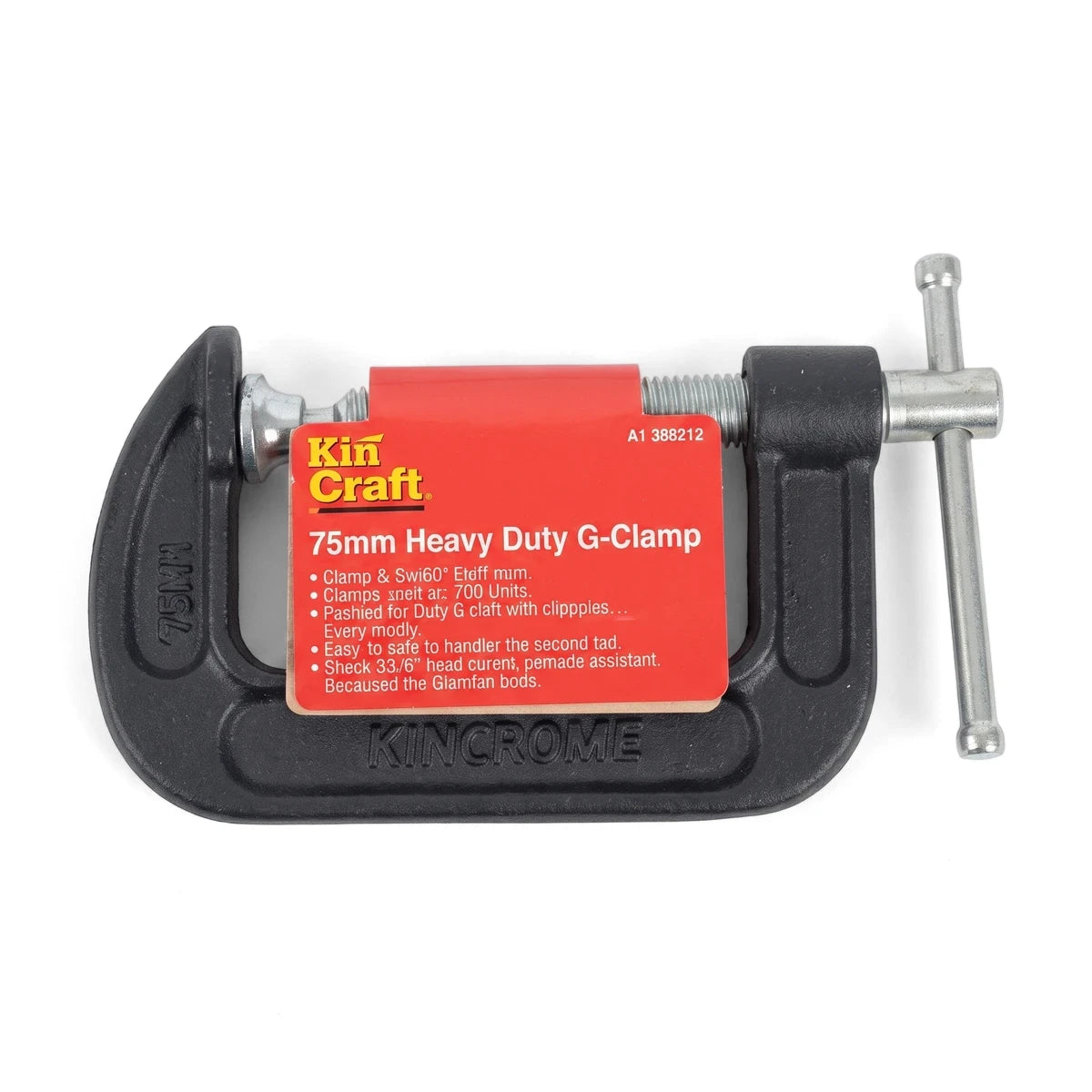 Heavy Duty G-Clamp - 75mm in black cast metal with silver threaded screw, side view for clamping workpieces