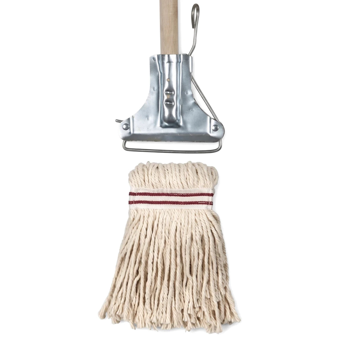 Close-up of a heavy-duty mop with beige string head, two red stripes, a silver metal connector, and part of a wooden handle.