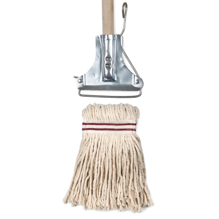 Close-up of a heavy-duty mop with beige string head, two red stripes, a silver metal connector, and part of a wooden handle.