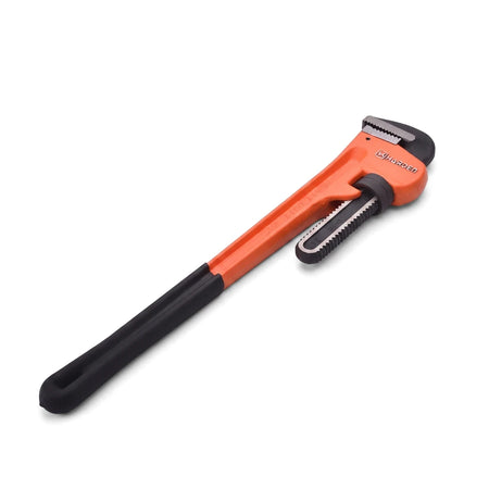Orange and black 12-inch heavy-duty pipe wrench with a durable grip, ideal for plumbing and industrial applications,