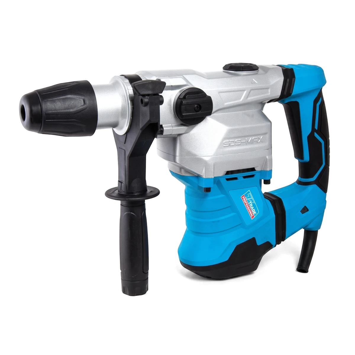 Heavy duty SDS rotary hammer drill in blue, silver, and black, shown from a slightly elevated side view.