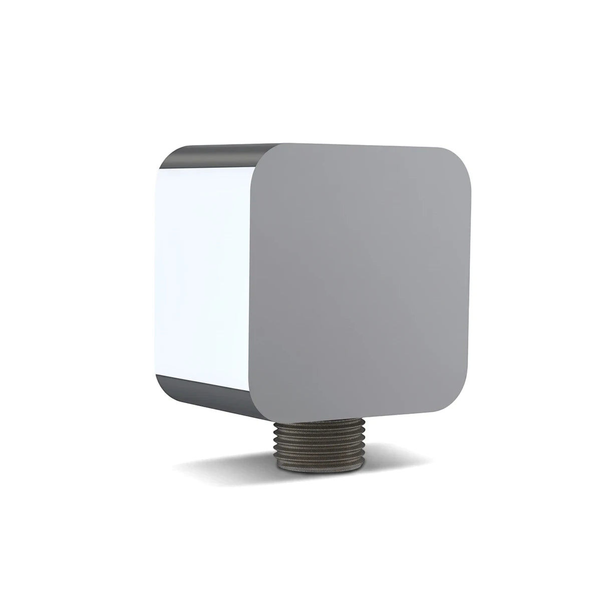 Heavy Duty Square Wall Elbow in white and gray, featuring a threaded connection for wall mounting, shown from an angled view.
