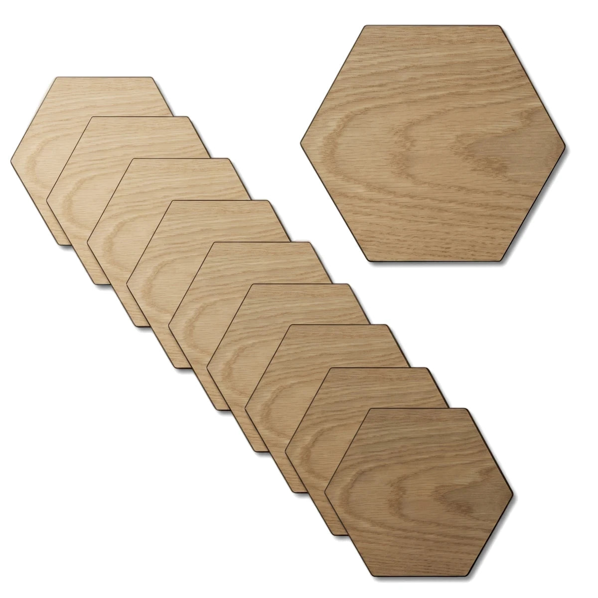Hexagon Small Coaster Set of natural light wood with visible grain, hexagonal shape, shown in a top view stack