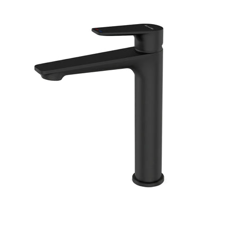 Modern black single-handle Hig Rise Mixer Mixer bathroom faucet on a plain background, viewed from a slight angle.