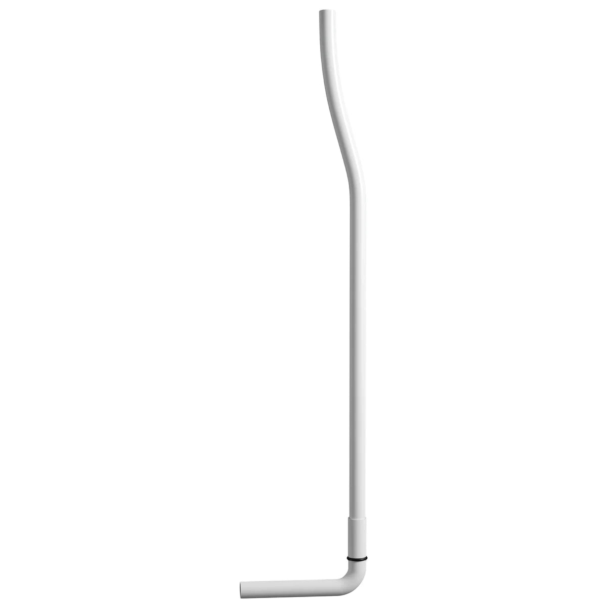 White high-level toilet flush pipe with a black seal ring, featuring a curved top and a 90-degree bend.