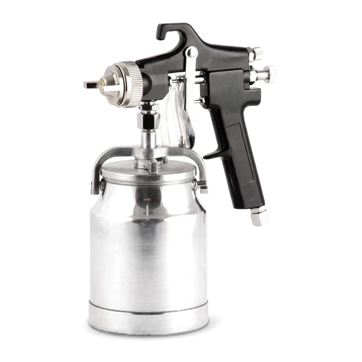 High-pressure spray gun with a black handle and a silver metallic canister shown on a white background.