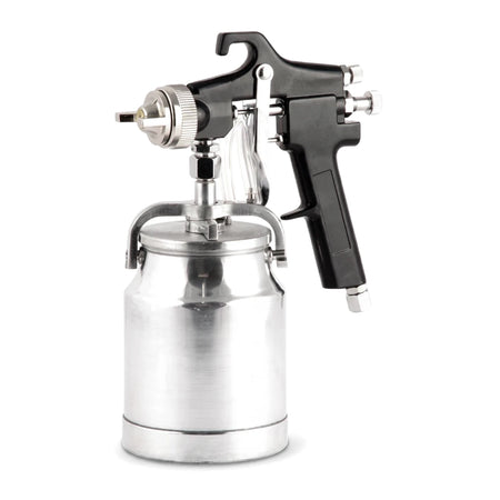 High-pressure spray gun with a black handle and a silver metallic canister shown on a white background.
