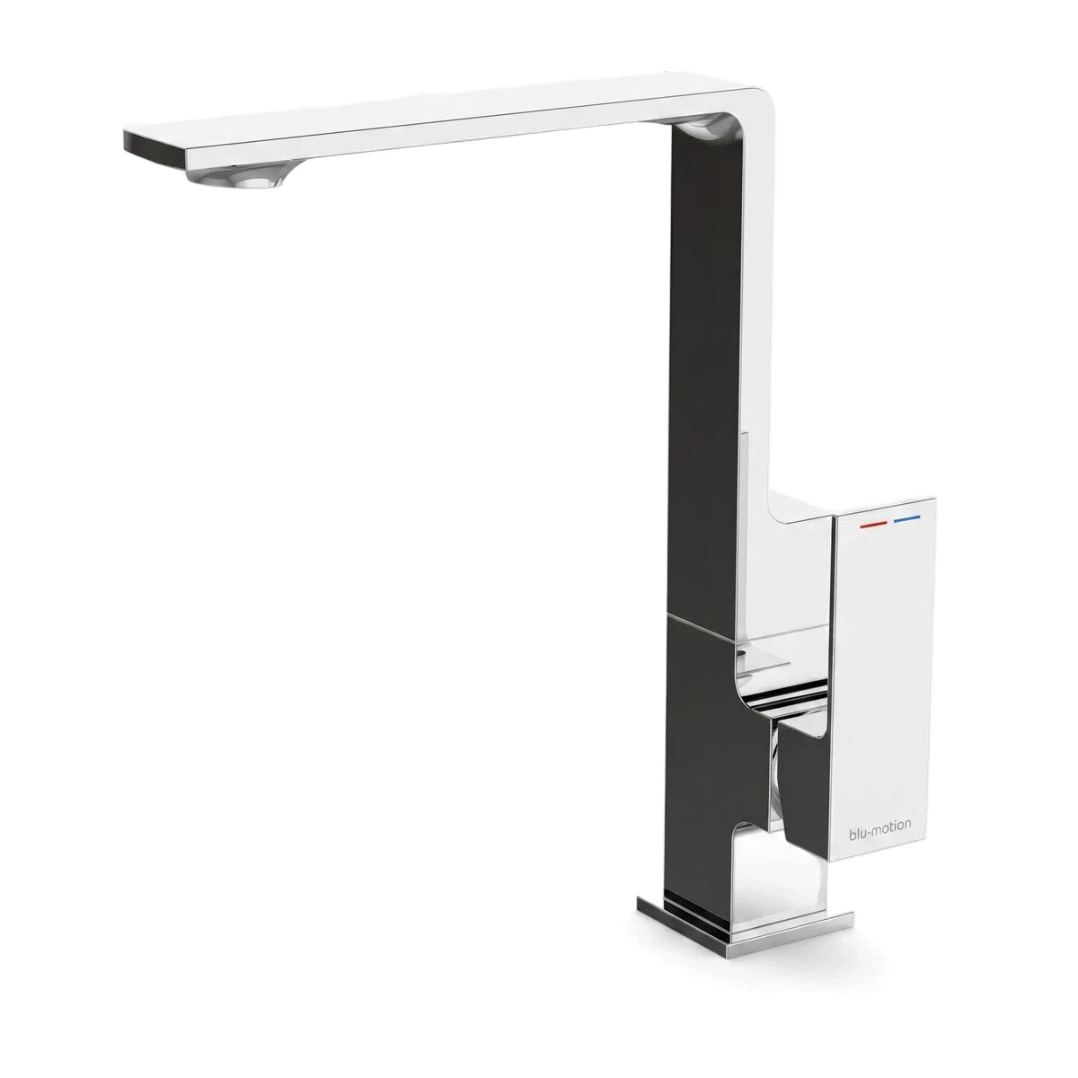 High Rise Basin Mixer Quaddro Mixer in polished chrome, featuring a modern rectangular design and single lever handle,
