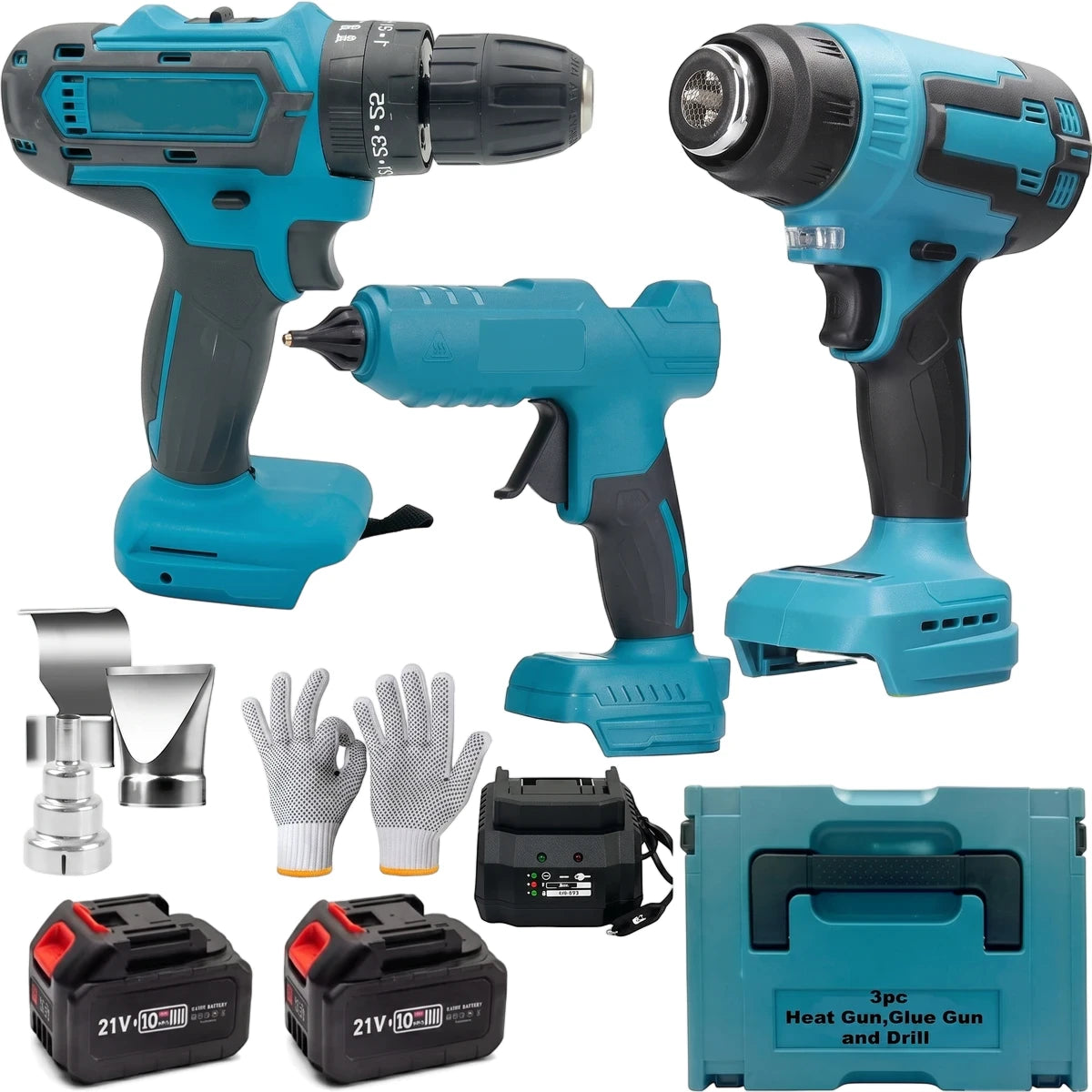 Teal and black cordless drill, heat gun, and glue gun kit with two batteries, charger, protective gloves, and carrying case.