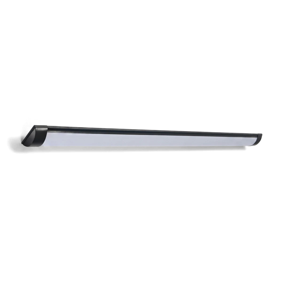 Horizontal black metal LED batten light with a white PC cover, designed for bright and efficient illumination.