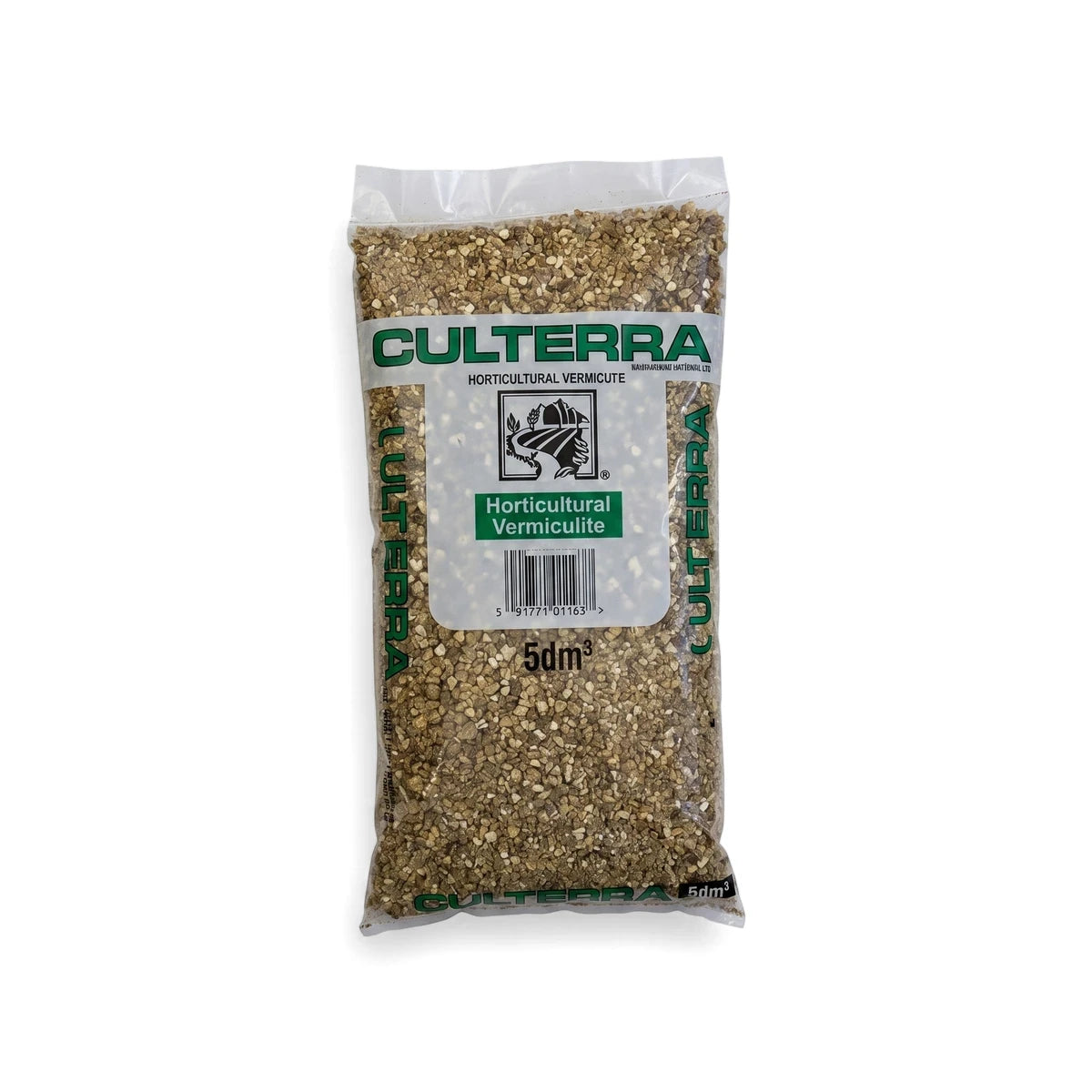 Horticultural Vermiculite in a clear plastic bag with a white and green label, showing the granular texture of the product.