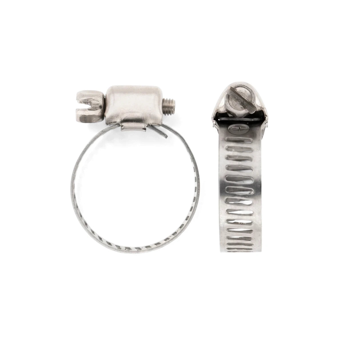 Two metallic stainless steel hose clamps, 10mm to 22mm, shown in a 2-pack with one circular and one straight band view.