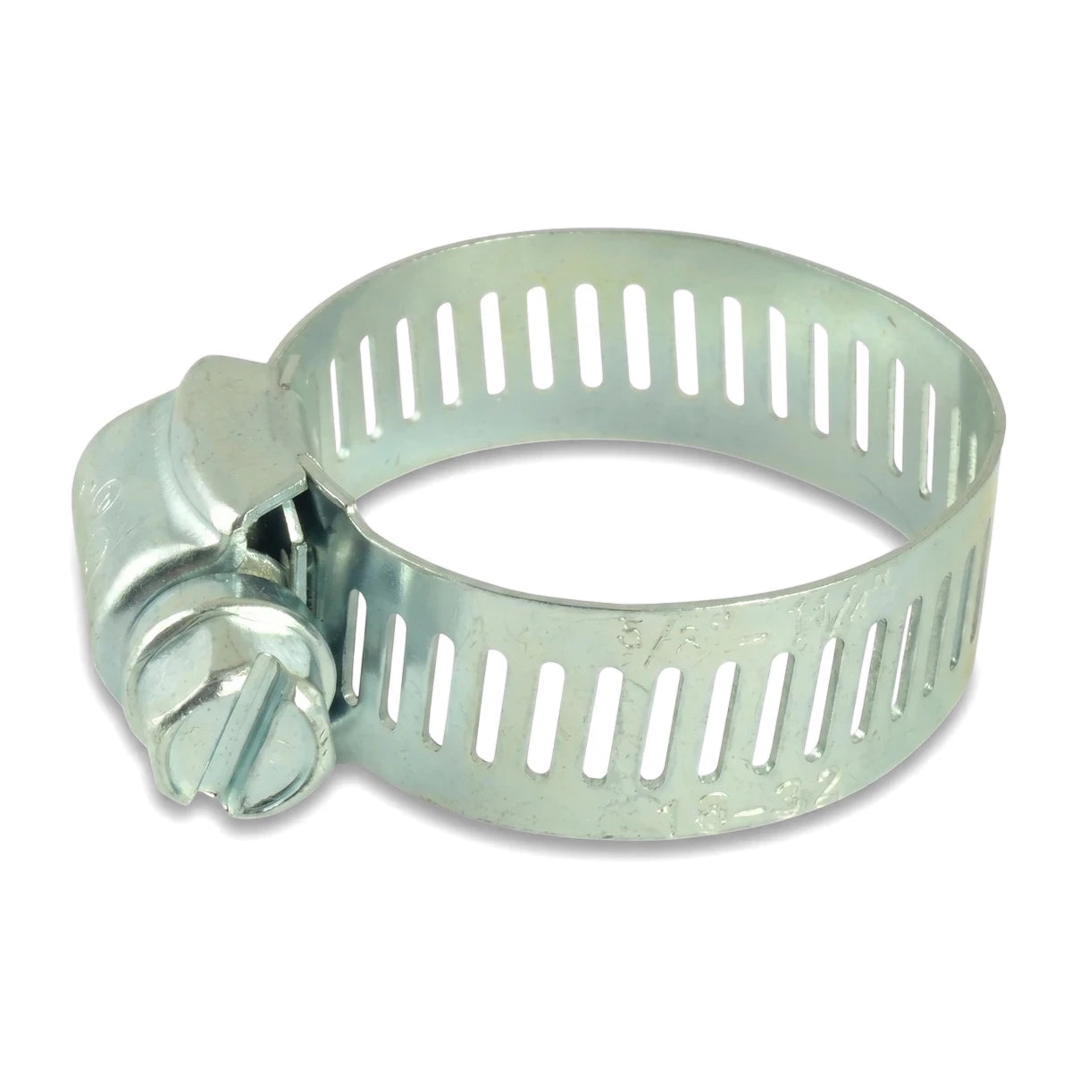 Galvanized steel hose clamp with a screw mechanism, featuring a perforated band, for securing hoses and pipes.