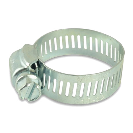 Galvanized steel hose clamp with a screw mechanism, featuring a perforated band, for securing hoses and pipes.