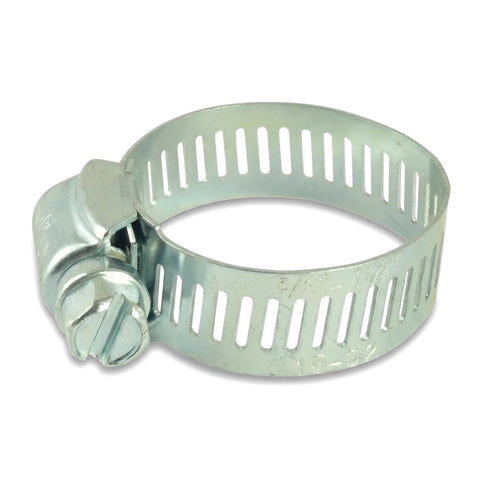 Galvanized steel hose clamp with a screw mechanism, featuring a perforated band, for securing hoses and pipes.