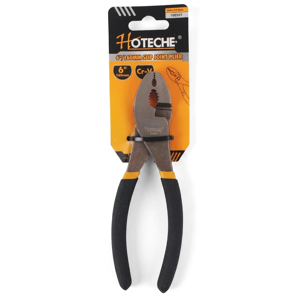 HOTECHE 6-inch 160mm Cr-V slip joint pliers with black and yellow handles in retail packaging, front view.