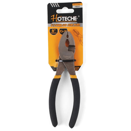 HOTECHE 6-inch 160mm Cr-V slip joint pliers with black and yellow handles in retail packaging, front view.