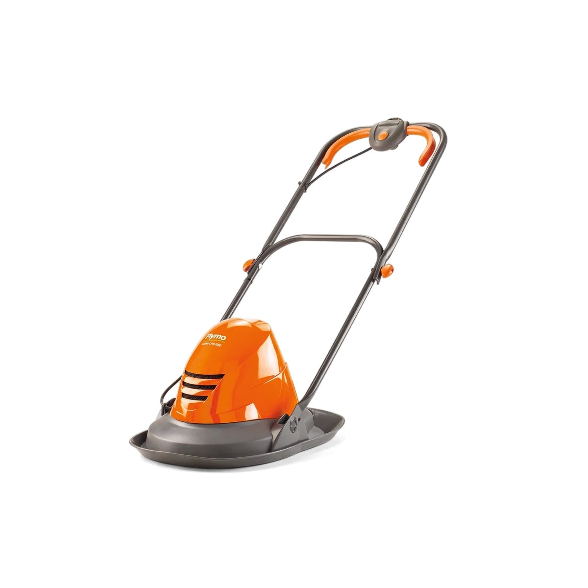 Orange electric Hover Turbo Lite 250 Lawnmower on a white background, shown in an angled three-quarter view.