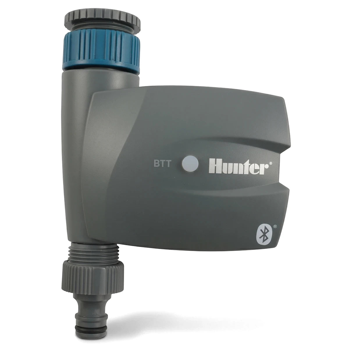 Gray Hunter Bluetooth 1-Station Tap Timer with a blue cap and quick coupler for irrigation systems.