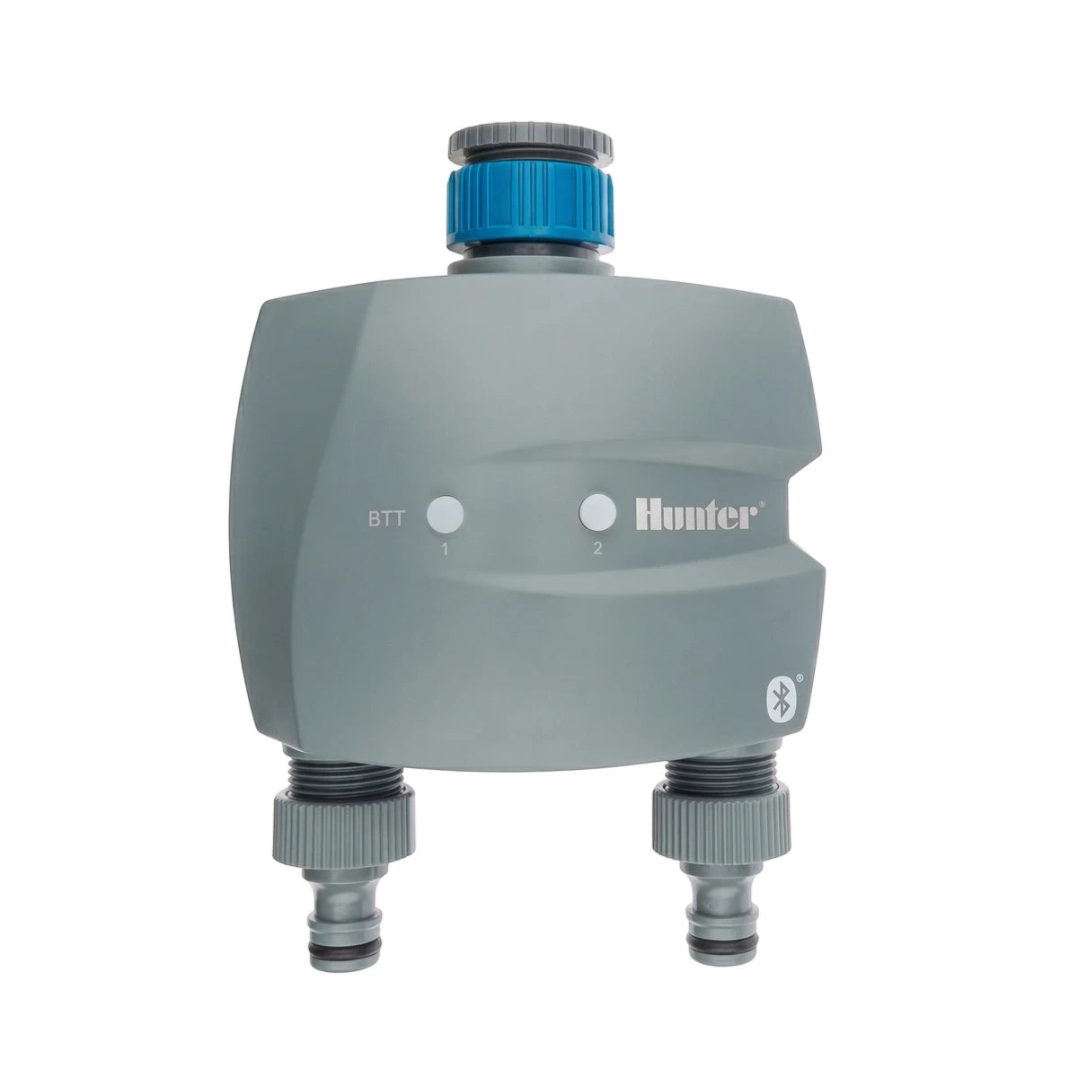 Hunter Bluetooth 2-Station Tap Timer with Quick Coupler, shown in gray with blue accents and two hose connections, for