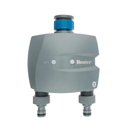 Hunter Bluetooth 2-Station Tap Timer with Quick Coupler, shown in gray with blue accents and two hose connections, for