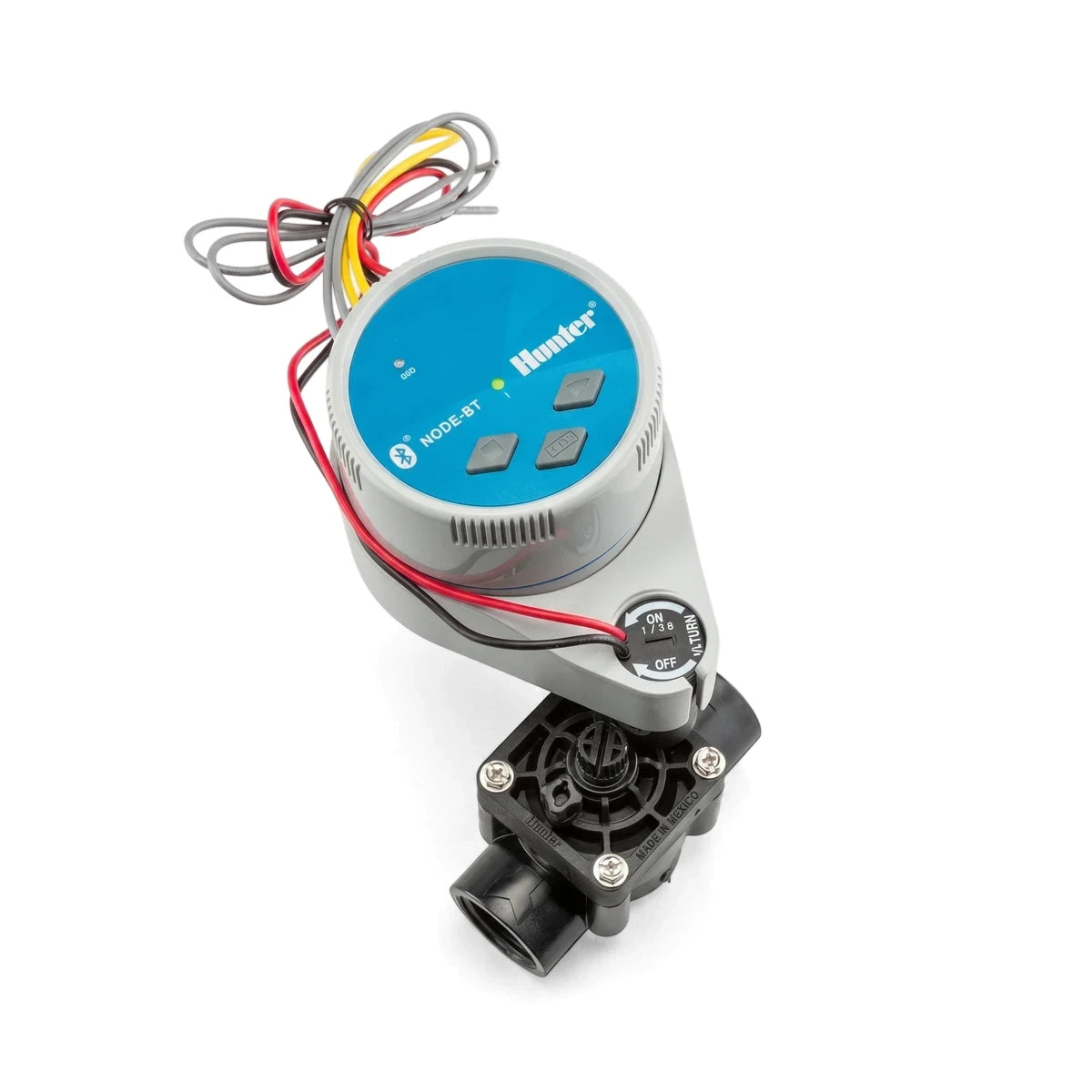 Hunter Node-Bt 100 Bluetooth Controller with 25mm PGV Valve, an irrigation control unit in blue, gray, and black.