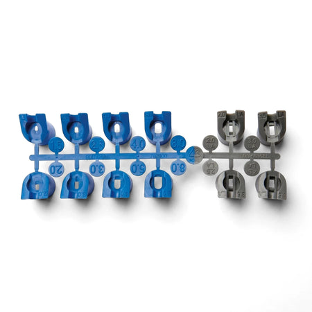 Hunter Pgp Replacement Nozzle Rack featuring a set of blue and grey plastic nozzles for irrigation systems.
