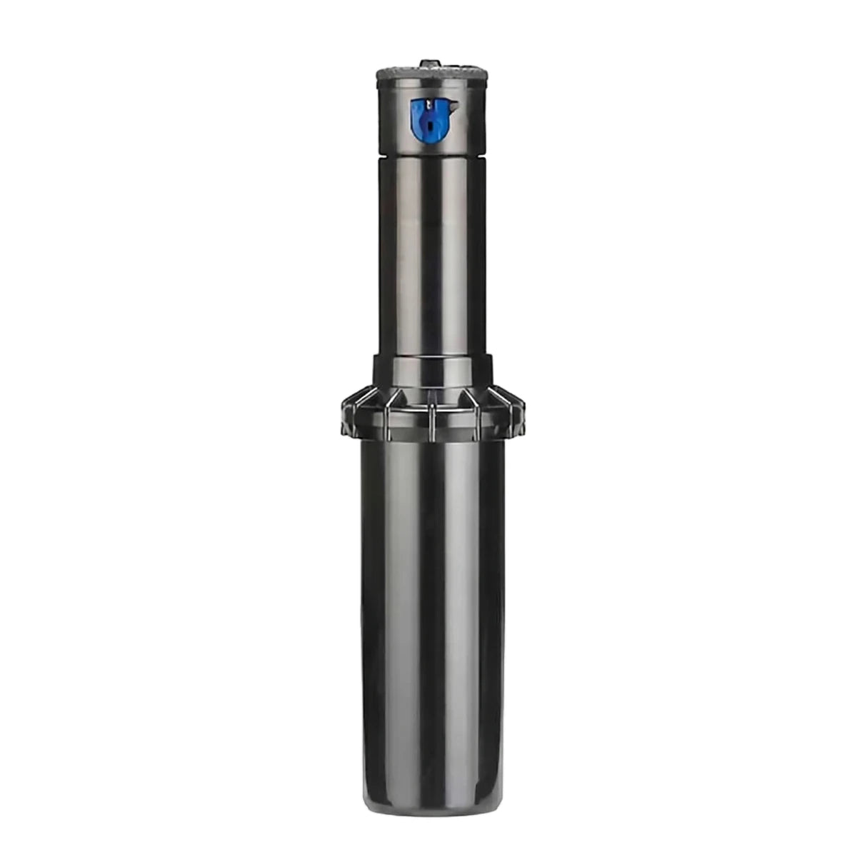 Hunter Pgp Ultra Adjustable Rotor Sprinkler, 100mm, featuring a metallic gray cylindrical body and a blue top.