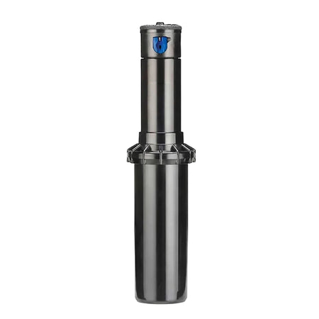 Hunter Pgp Ultra Adjustable Rotor Sprinkler, 100mm, featuring a metallic gray cylindrical body and a blue top.