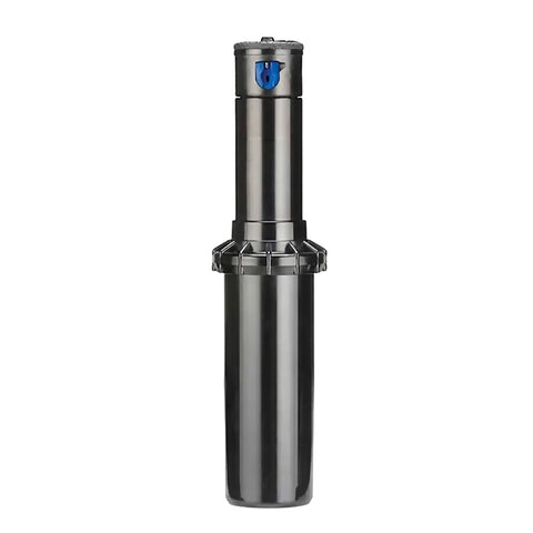 Hunter Pgp Ultra Adjustable Rotor Sprinkler, 100mm, featuring a metallic gray cylindrical body and a blue top.