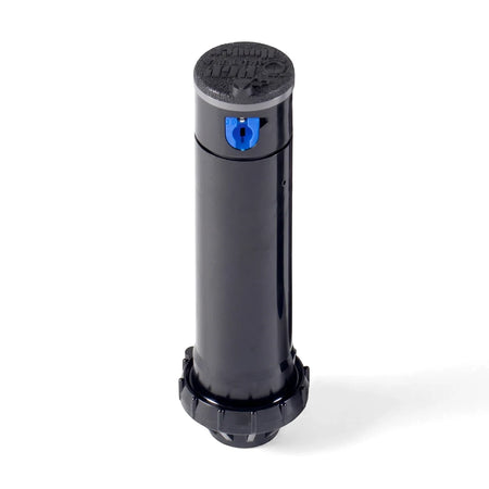 Black Hunter Pgp Ultra Shrub Rotor Sprinkler with a blue adjustment top for irrigation systems, shown upright.