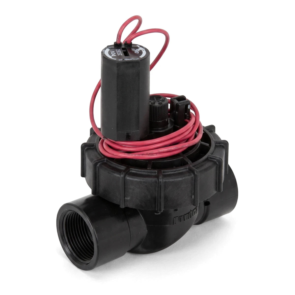 Black Hunter Pgv 25mm irrigation valve with flow control, featuring a solenoid and red wires, shown from a front-facing
