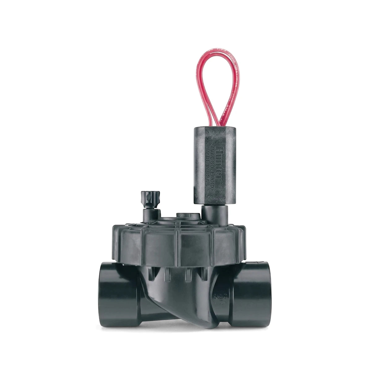 Black Hunter Pgv 25mm Irrigation Valve (No Flow Control) with a red electrical wire loop, displayed upright.