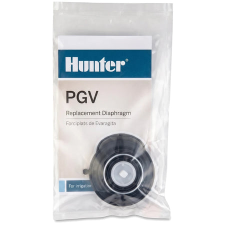 Hunter PGV replacement diaphragm in clear plastic packaging, featuring a circular black and white valve component.