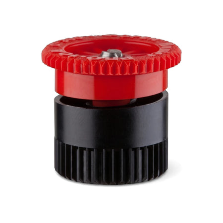 Close-up of a Hunter Pro Adjustable Nozzle - Pr10A, featuring a red adjustable top and a black ribbed base, for irrigation