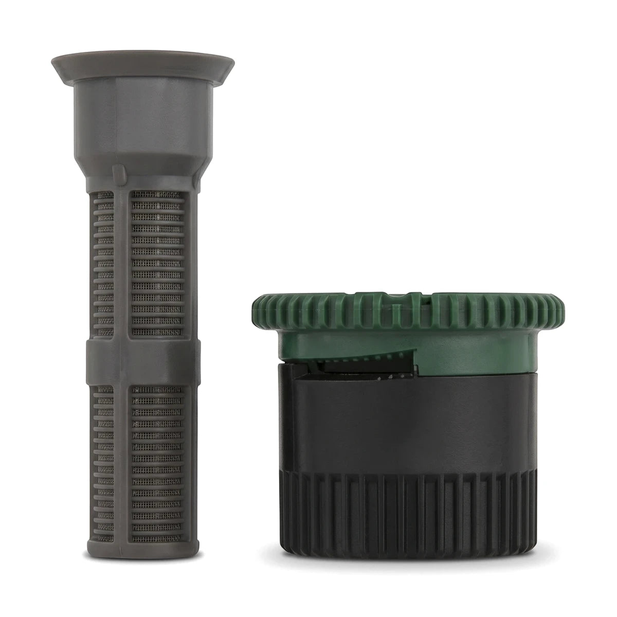 Hunter Pro Adjustable Nozzle Pr12A shown in two disassembled grey and black parts with a green top for irrigation systems.