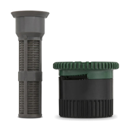 Hunter Pro Adjustable Nozzle Pr12A shown in two disassembled grey and black parts with a green top for irrigation systems.
