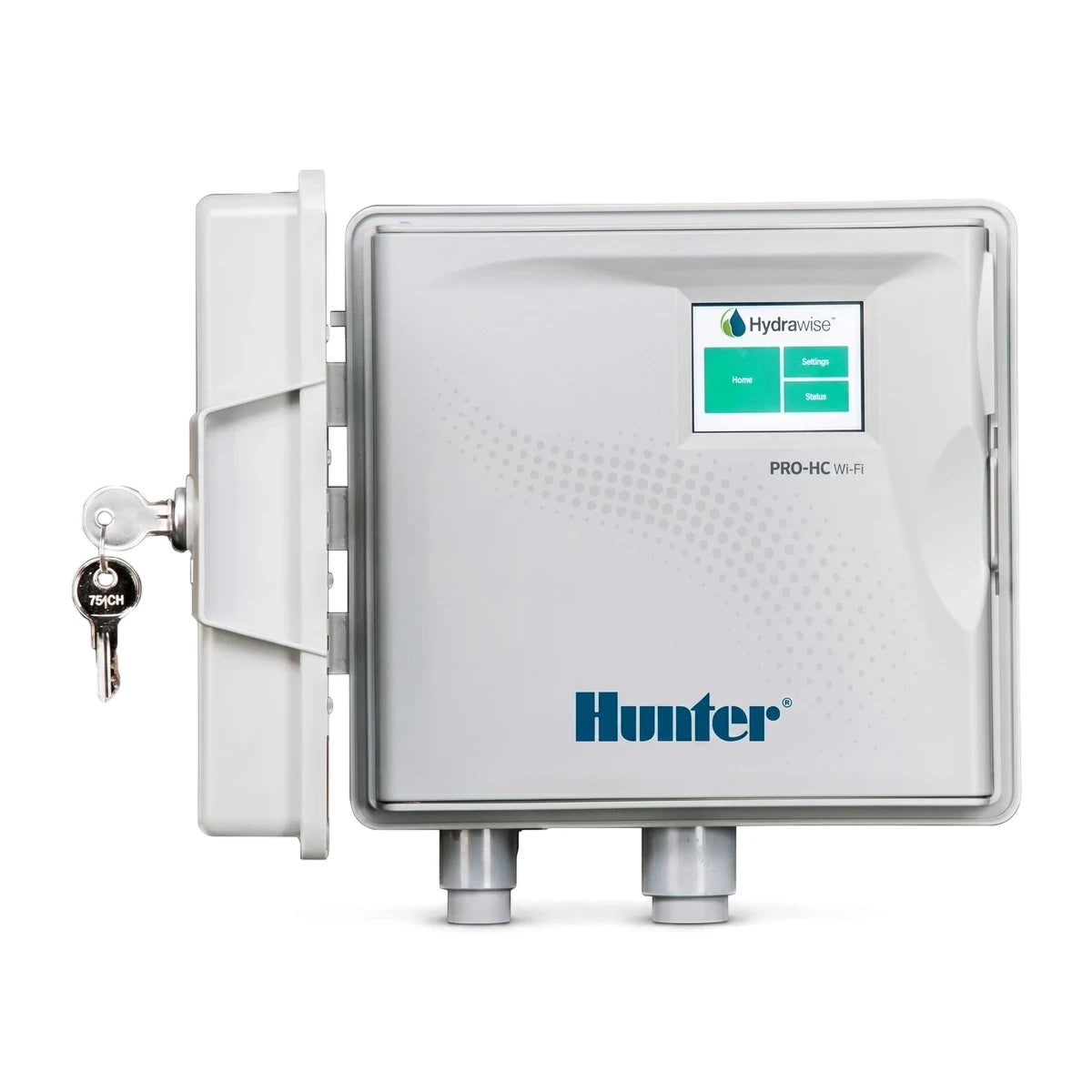 Hunter Pro-Hc outdoor controller with Hydrawise, 12-station, in a white housing with a clear cover, displaying the screen