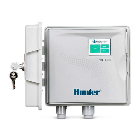Hunter Pro-Hc outdoor controller with Hydrawise, 12-station, in a white housing with a clear cover, displaying the screen