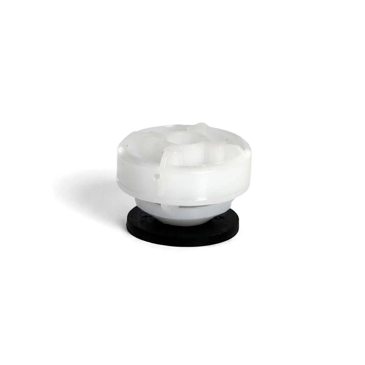 Hunter Pro-Spray Drain Check Valve in white and black, a compact irrigation component with a circular design, viewed from a