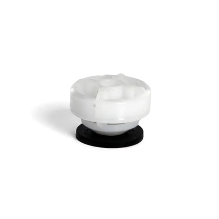 Hunter Pro-Spray Drain Check Valve in white and black, a compact irrigation component with a circular design, viewed from a