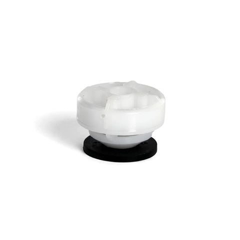 Hunter Pro-Spray Drain Check Valve in white and black, a compact irrigation component with a circular design, viewed from a